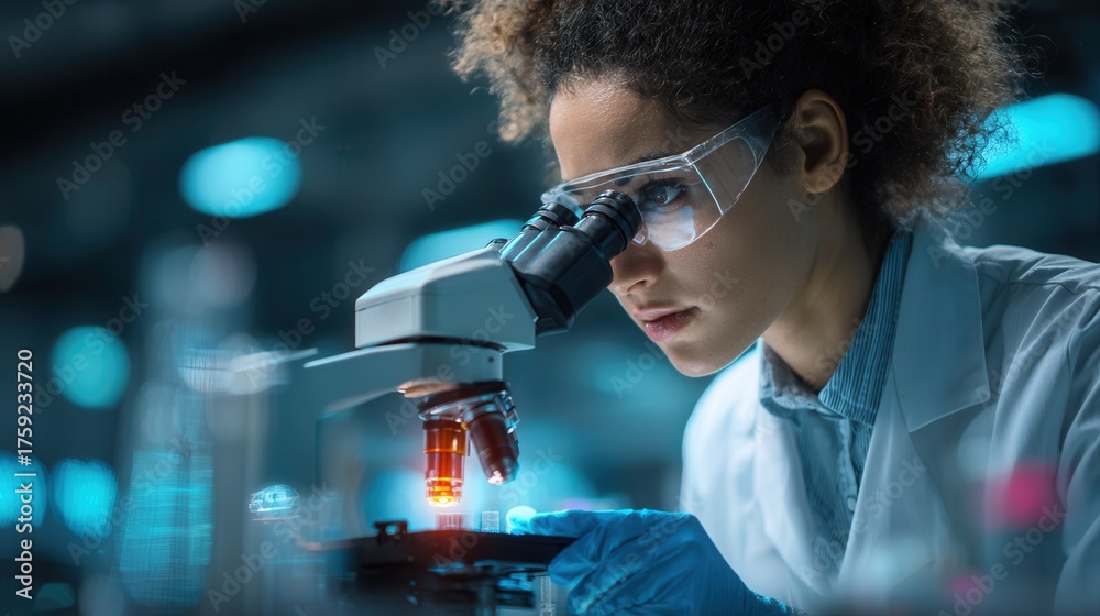 Obraz premium Portrait of young Black female scientist looking under microscope in modern laboratory