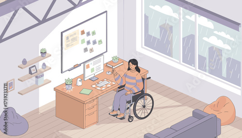 Woman in wheelchair productively working at her modern home office on a rainy day