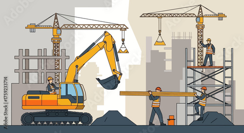 Construction site with workers excavator and cranes building a structure Industrial development
