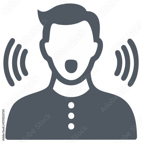 Stylized person speaking or shouting with sound waves representing voice and verbal communication