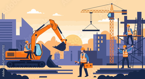 City construction site with workers excavator  crane Urban development and progress
