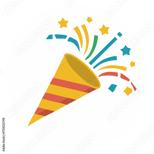 Colorful striped party popper exploding with confetti and stars vector icon