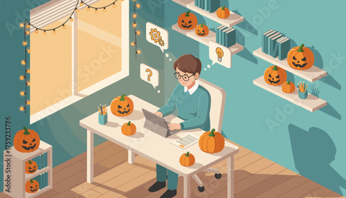 Young professional working from home amidst Halloween decorations Creative autumn productivity