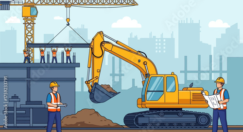 Construction crew and heavy machinery building a city structure Urban development and engineering