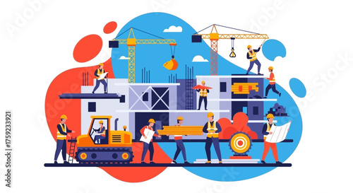 Busy construction site with workers cranes and machinery Industry teamwork development concept