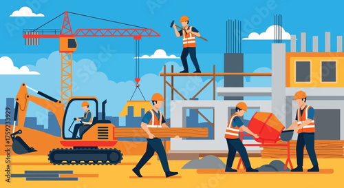 Construction workers building a structure with heavy machinery on a busy site Industrial progress