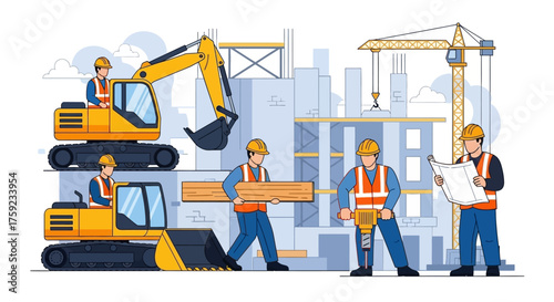 Construction site with workers excavators and crane Illustrates teamwork development and industry