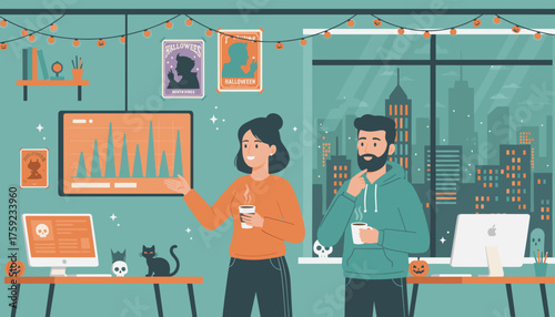 Business team discussing work in a festive Halloween office with a city view Seasonal collaboration