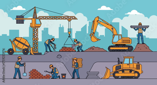 Busy construction site with workers and heavy machinery building infrastructure in a city setting Teamwork and development