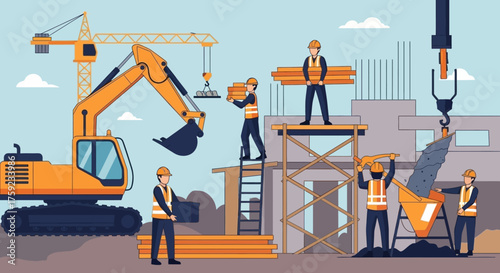 Workers and heavy machinery actively building on a construction site illustrating industry and development