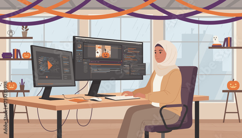 Hijabi woman creates Halloween video and codes on dual monitors in a festive modern office