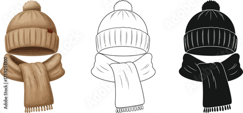 Winter hat and scarf in color, line art, and silhouette vector illustration