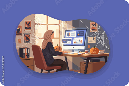 Woman in hijab works at a Halloweendecorated office desk with data charts showing business productivity