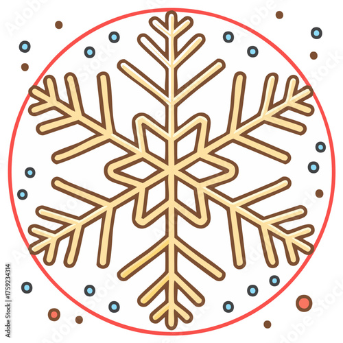 Holiday Snow Flurry: Winter Season Graphic of Snowflake Inside Red Circle Bordered by Blue and Brown Sprinkles