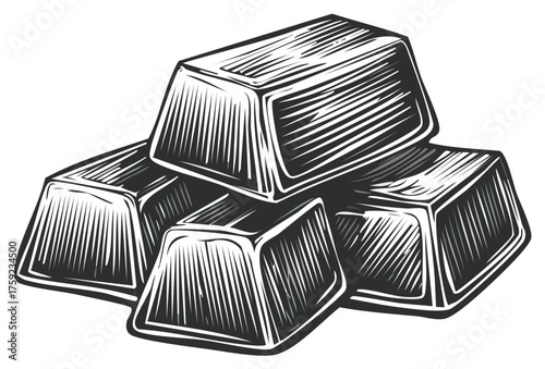Monochrome Illustration of Stacked Gold Ingots in Engraved Style for Financial Themes