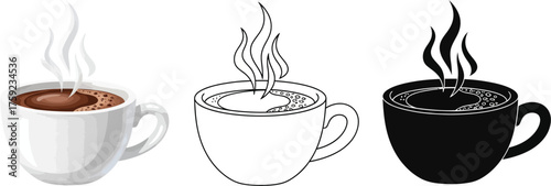 Cup icons in three styles colored, line art, and silhouette vector illustration