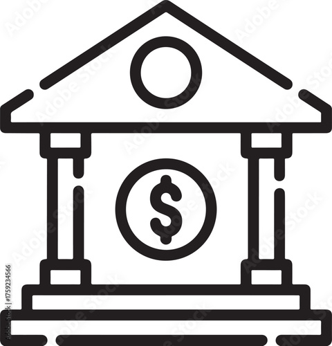 Simple line art icon of a bank building with a dollar sign