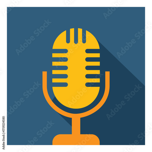Studio microphone icon on stand with long shadow for podcasting, music recording, and audio broadcast