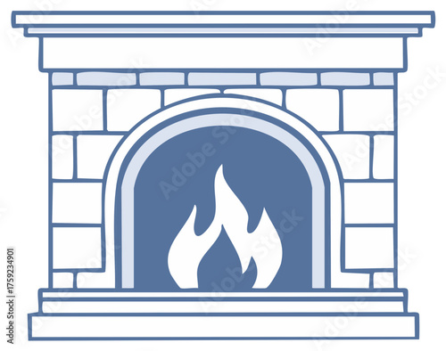 Simple line art illustration of a cozy brick fireplace with a warm fire burning inside
