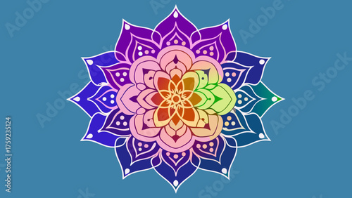 A vibrant mandala with rainbow hues radiating from its center, set against a serene blue backdrop, creating a sense of peace and harmony