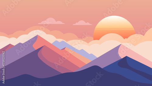 A serene landscape with pastel mountains and a rising sun, creating a peaceful and calming atmosphere with soft colors and gentle gradients