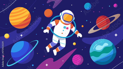 An astronaut floats in space surrounded by colorful planets and stars, creating a whimsical and imaginative scene of cosmic exploration