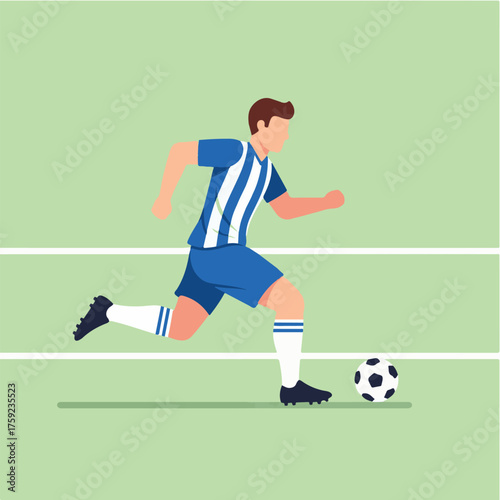 A soccer player in a blue and white striped jersey dribbles a soccer ball on a green field, running towards the viewer.