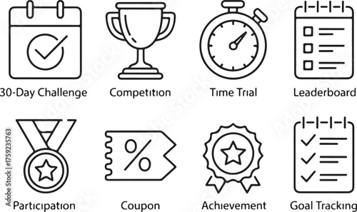 Collection of icons representing goals achievements and progress