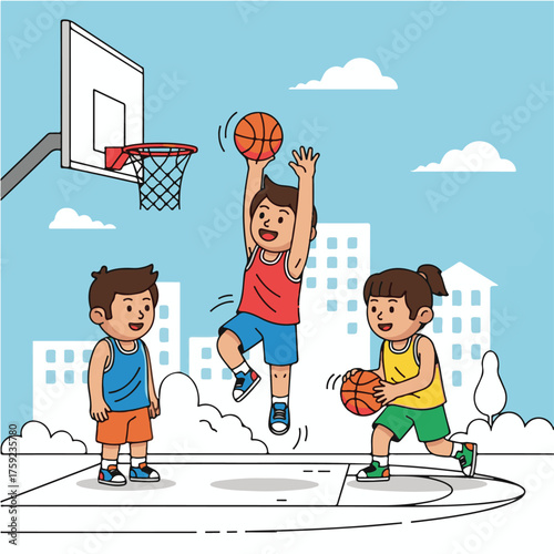 Three children playing basketball on an outdoor court with city buildings in the background; one child jumps to dunk the ball.