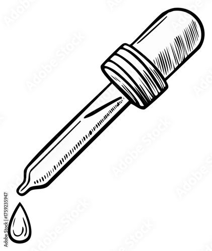 Ink illustration of an eye dropper with a droplet of liquid dripping downwards