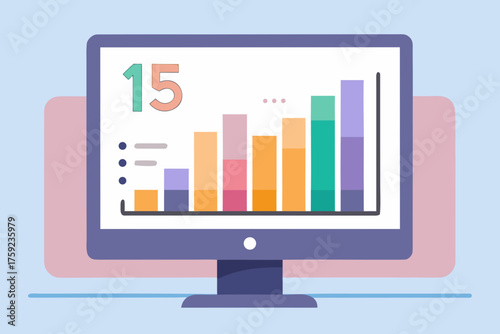 A computer monitor displaying a bar graph with the number 15 on the screen, representing data analysis and visualization on a digital device
