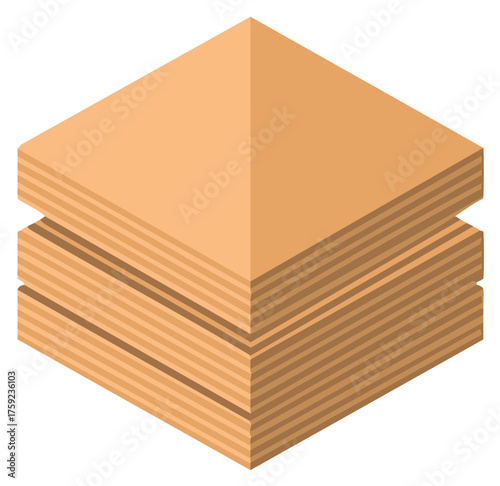 Isometric stack of wooden plywood planks for construction or carpentry.