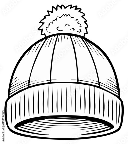 Outline Drawing of Winter Knit Hat with Pom Pom for Coloring Book or Graphic Design