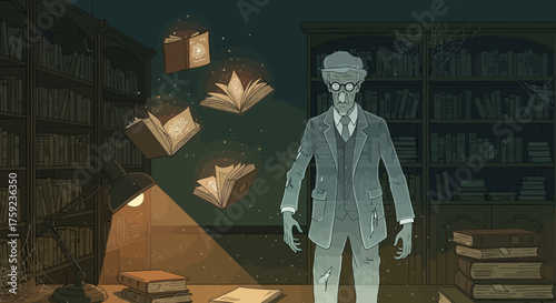 Mysterious spectral scholar in a haunted library observes enchanted books levitating with glowing arcane symbols and dust motes dancing in the dim light.