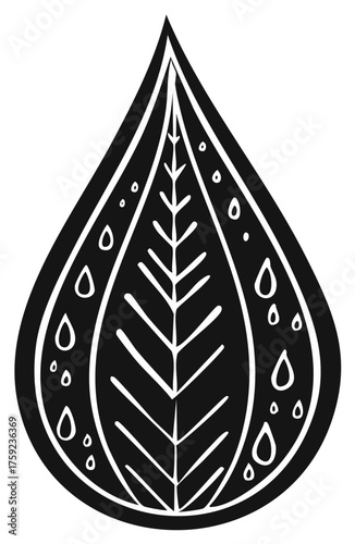 Graphic black and white teardrop symbol with stylized leaf motif and decorative water drop patterns