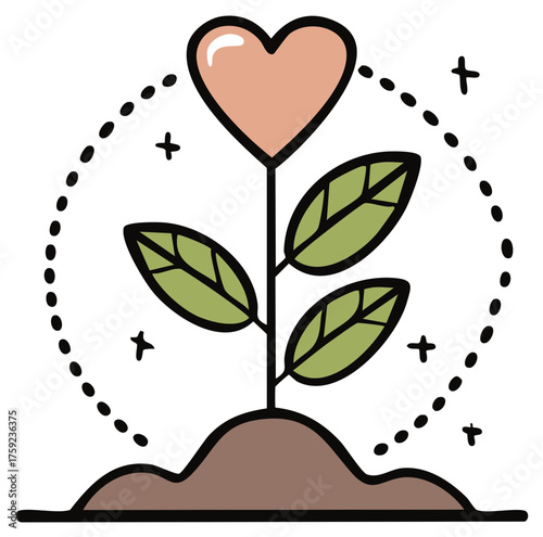 Cute heart plant blooming from soil with green leaves and a nurturing sparkle aura