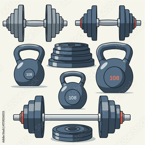 Illustration of various gym equipment including dumbbells, kettlebells, and weight plates arranged on a light background.