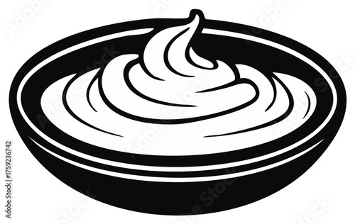 Black and white vector illustration of a bowl filled with swirled cream, sauce, or dip