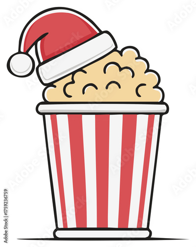 Cartoon Popcorn Bucket Wearing a Santa Hat Striped Container Holiday Treat Icon
