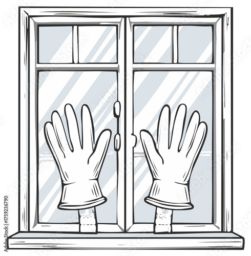 Hands in gloves touching window glass