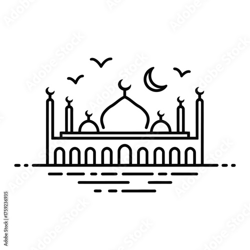 Minimalist Mosque Illustration with Crescent Moon and Flying Birds
