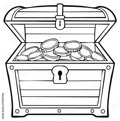 Antique Wooden Treasure Chest Filled With Gold Coins in Outline Style