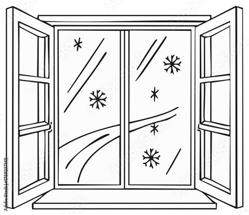 Open window with snowflakes and winter scene outside drawing