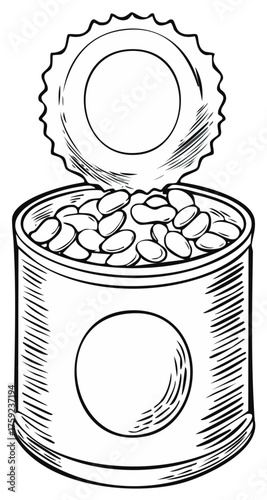 Open Can of Beans Illustration, Line Art, Graphic Style, Food Concept
