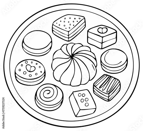 Outlined assortment of cakes on a plate in coloring page style, sweet treats, party dessert vector illustration