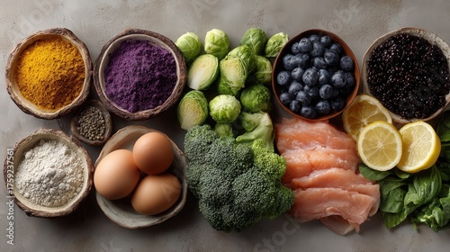 Fototapeta Naklejka Na Ścianę i Meble -  Assortment of healthy diet ingredients with colorful fruits and vegetables