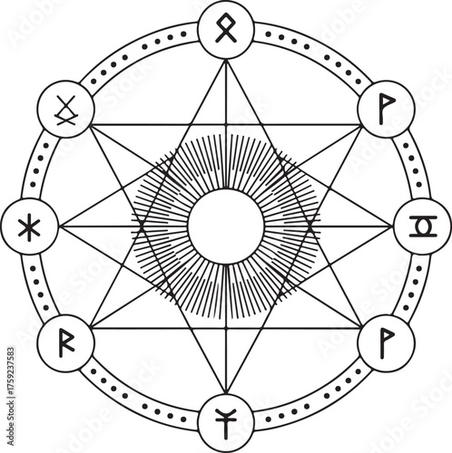 Mystical geometric symbol with runes and stars