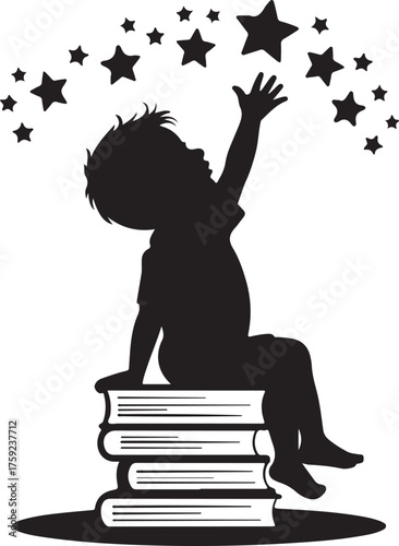 Child reaching for stars sitting on stack of books silhouette
