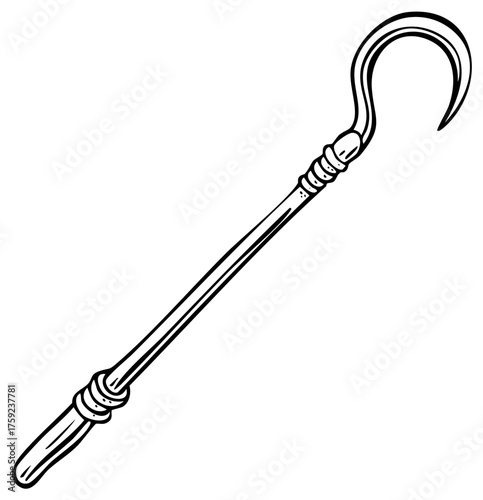 Illustration of Crook Staff Featuring Hooked End and Decorative Bands as Symbol of Authority and Egyptian Culture