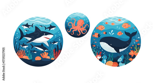 Whimsical underwater scenes featuring sharks whales and octopuses with colorful coral reefs.
